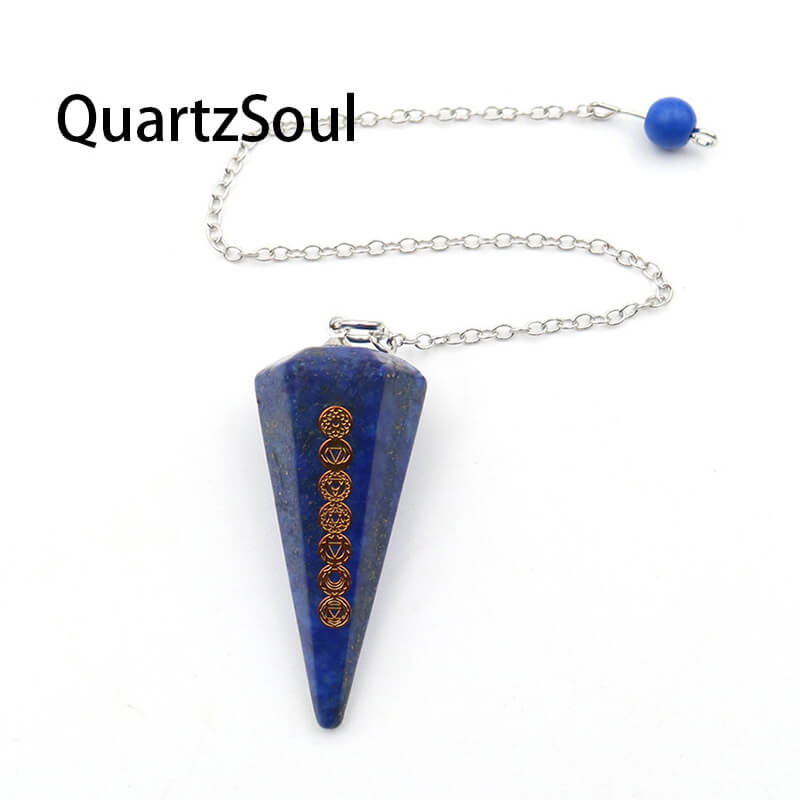 Lapis Lazuli Crystal Pendulum with Chakra Symbols for Wisdom and Truth