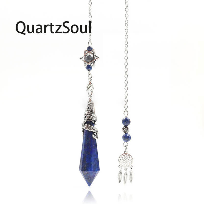 Lapis Lazuli Crystal Pendulum with Silver Dragon Wrap and Dreamcatcher