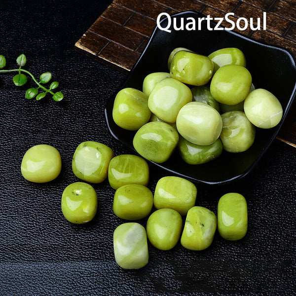 Polished Lemon Jade Tumbled Gemstones Displayed in Black Bowl