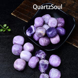 Lepidolite Crystal Tumbled Stones Displayed in Black Bowl for Stress Relief