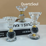 Luxury crystal candle holders with gold accents in three sizes for displaying crystals and minerals