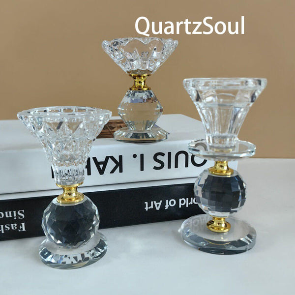 Luxury crystal candle holders with gold accents in three sizes for displaying crystals and minerals