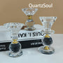 Luxury crystal candle holders with gold accents in three sizes for displaying crystals and minerals
