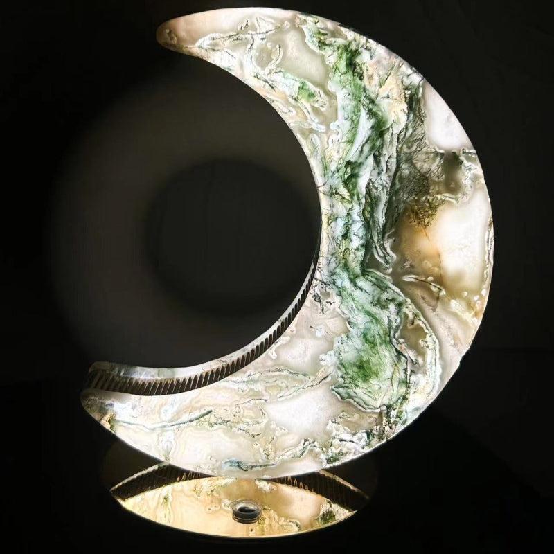 Moss Agate Crystal Lamp Creating Ambient Lighting in Home Environment