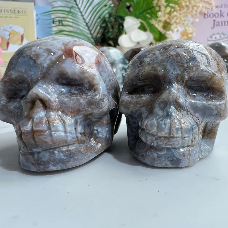 Moss Agate Crystal Skull Front View with Green Inclusions