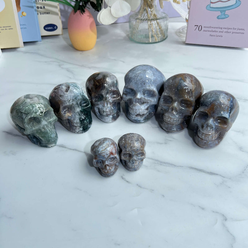 Crystal Healing Layout with Moss Agate Skull Centerpiece