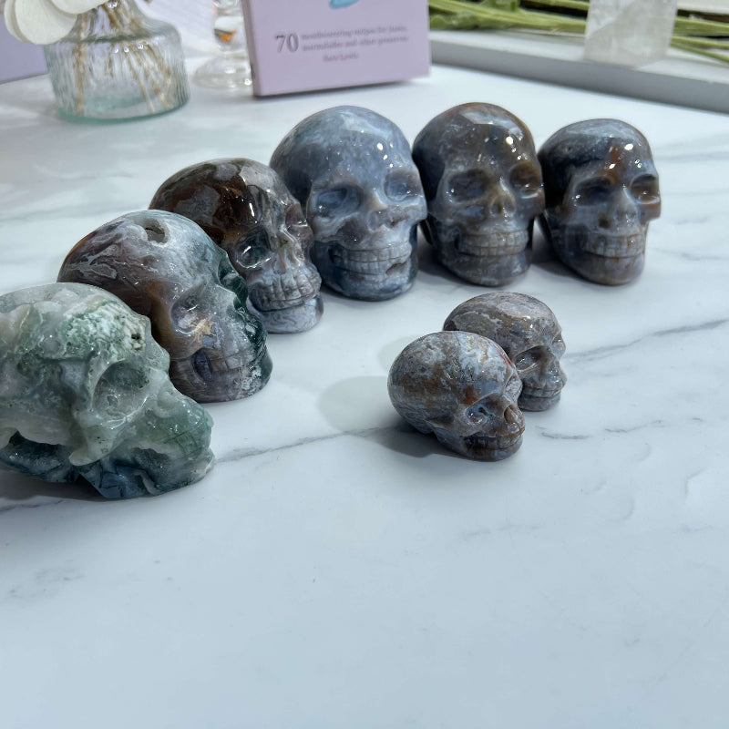 Moss Agate Skull in Meditation Space with Candles