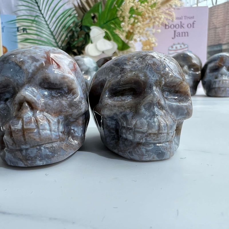 Side Profile of Handcrafted Moss Agate Crystal Skull