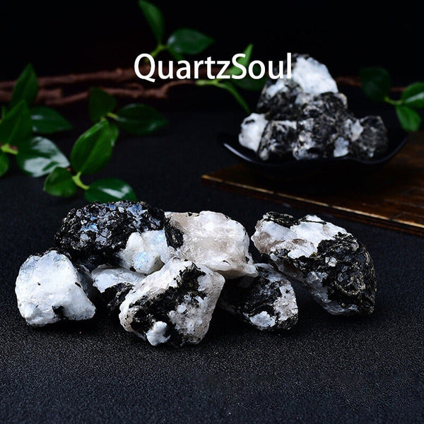 Natural Black and White Moonstone Raw Crystal Specimen with Adularescence