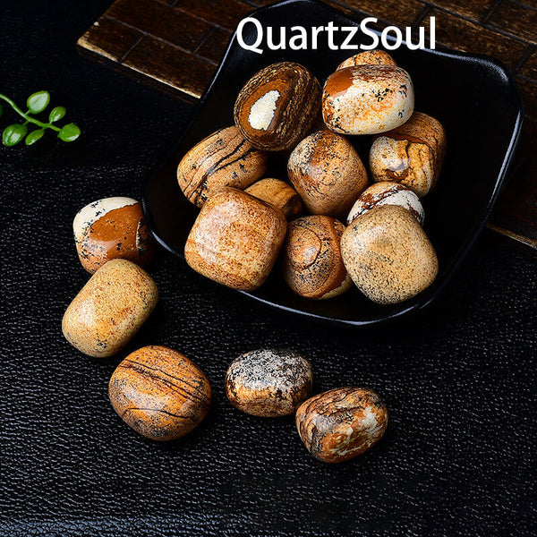 Natural Picture Jasper tumbled stones displayed in black bowl showing earth-tone patterns