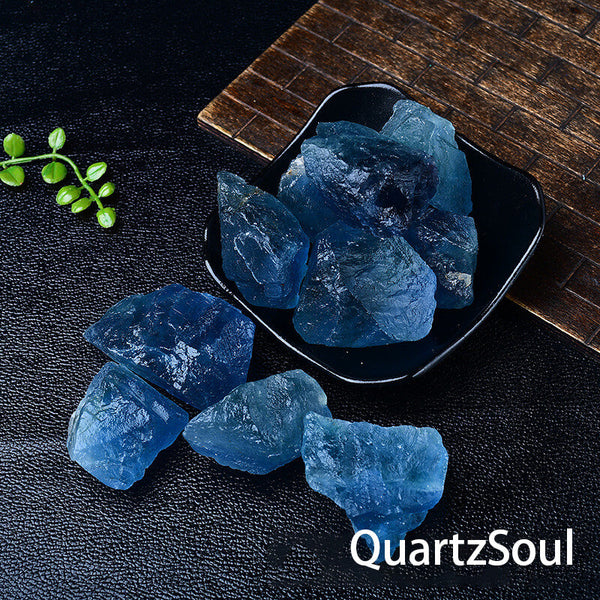Natural raw blue fluorite crystal specimens with vibrant azure tones