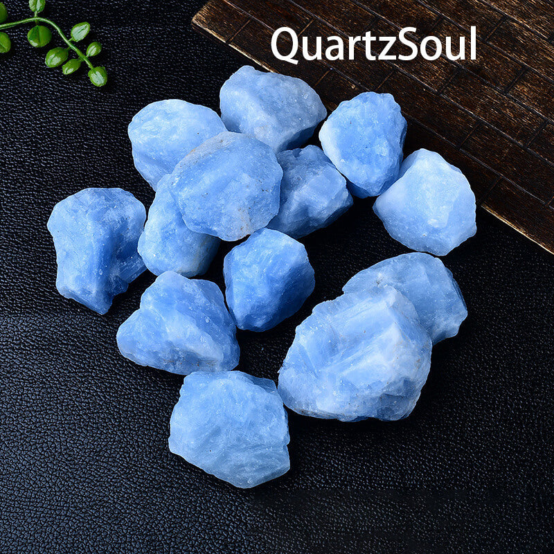 Natural raw blue quartz crystal specimens with vibrant azure color