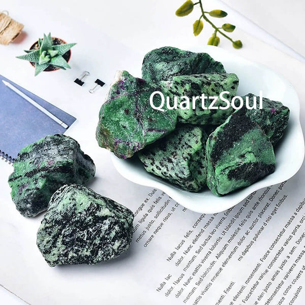 Natural green Zoisite crystal with purple Ruby inclusions in raw unpolished form