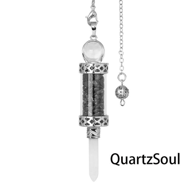 Obsidian crystal pendulum with black stone chips in cylindrical chamber