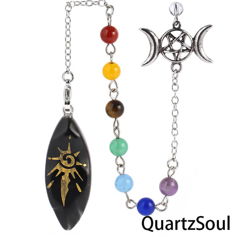 Obsidian Crystal Pendulum with Seven Chakra Stones and Triple Moon Symbol