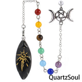 Obsidian Crystal Pendulum with Seven Chakra Stones and Triple Moon Symbol