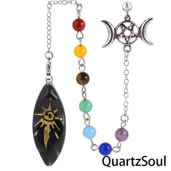 Obsidian Crystal Pendulum with Seven Chakra Stones and Triple Moon Symbol