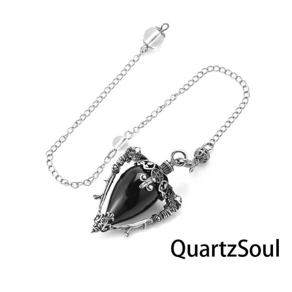 Obsidian teardrop crystal pendulum with silver filigree detail