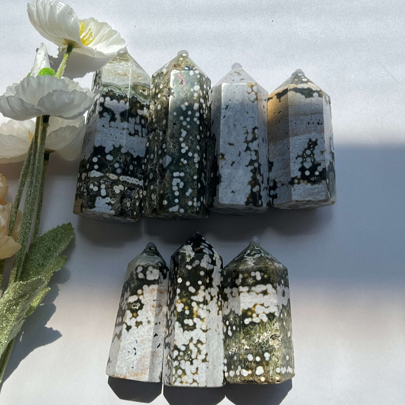 Polished Ocean Jasper Tower crystal display piece for meditation spaces