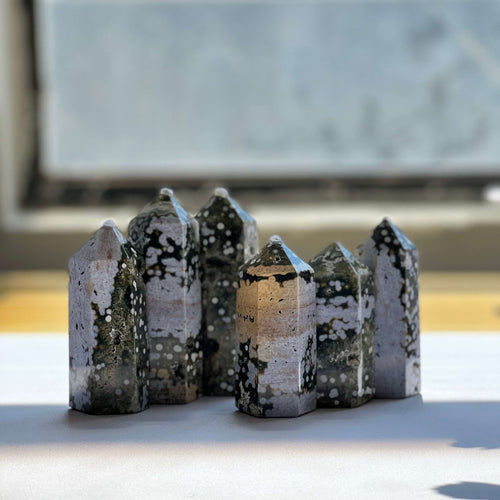Premium Ocean Jasper Tower with natural orbicular patterns for crystal healing and home decor