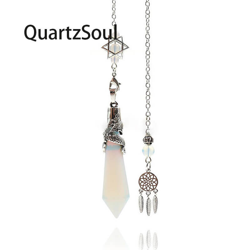 Opal Crystal Pendulum with Silver Dragon Wrap and Dreamcatcher Charm