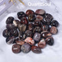 Assorted Petrified Wood polished tumbled gemstones on marble background