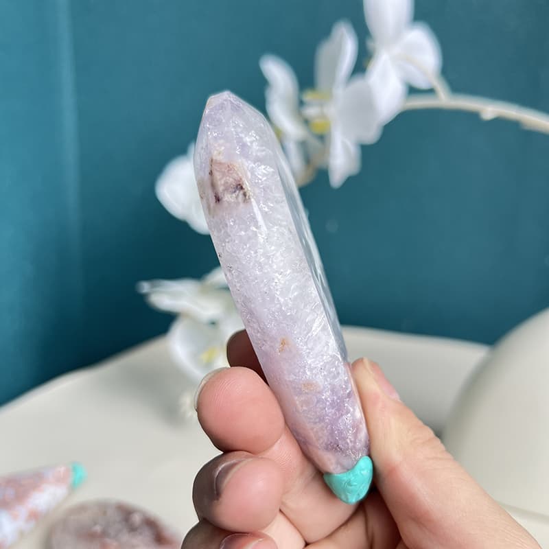 Pink Amethyst Flower Agate Crystal Carving In Meditation Setup