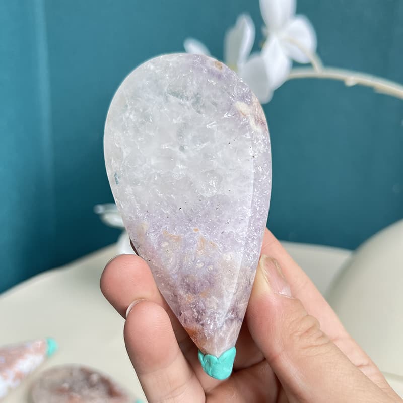 Pink Amethyst Flower Agate Crystal Carving Teardrop Shape Healing Stone