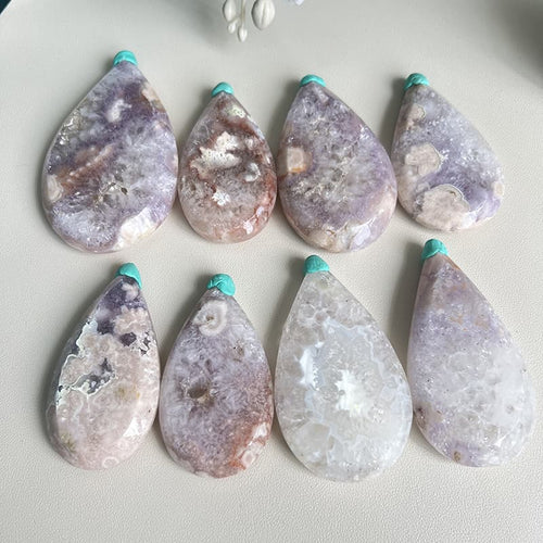 Natural Pink Amethyst Flower Agate Teardrop Pendant Crystal Healing Stone