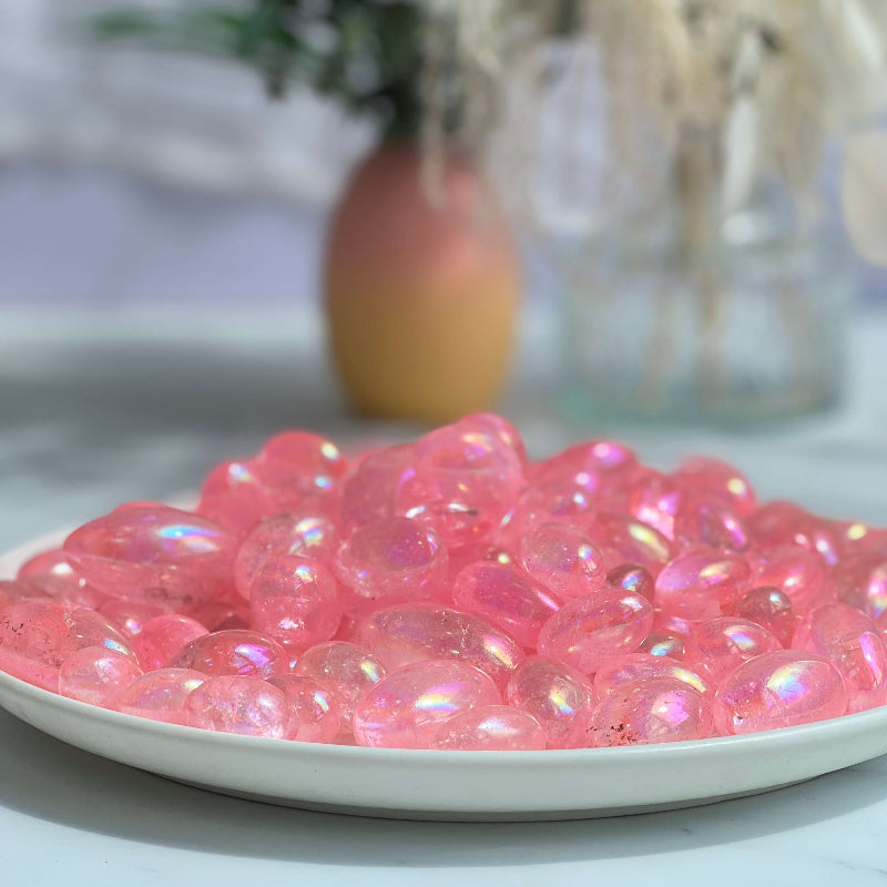 Iridescent Pink Angel Aura Quartz Tumbled Stones Wholesale Crystal Supply