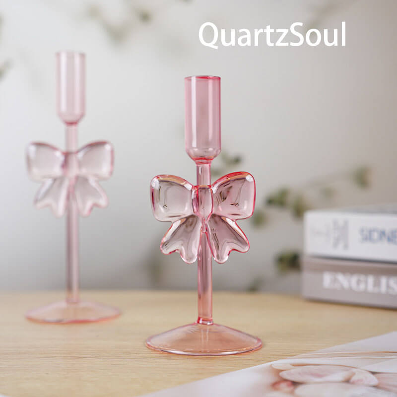 Pink Crystal Bow Taper Candle Holder with Elegant Design