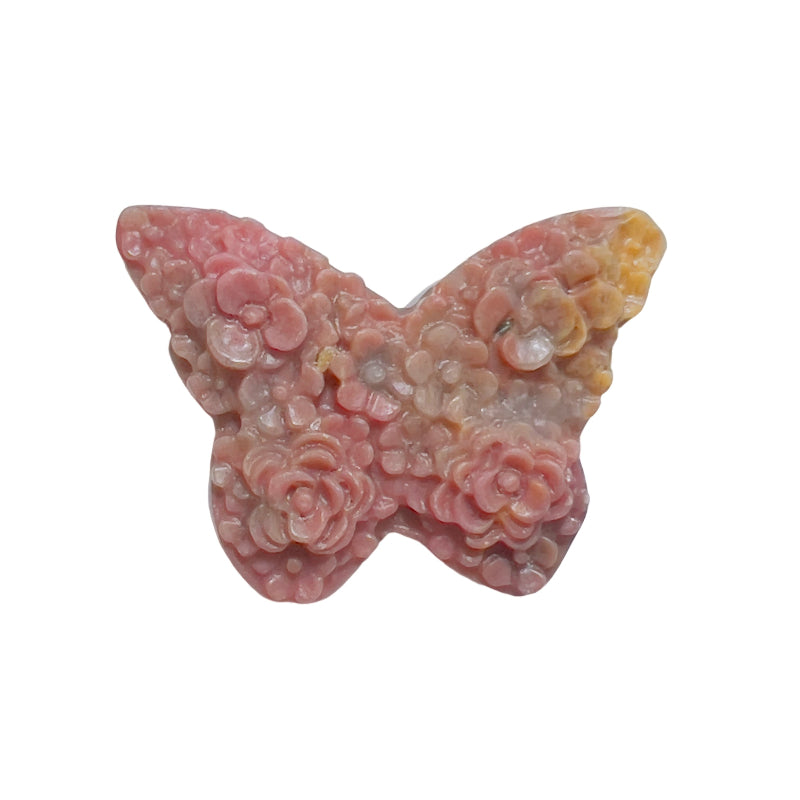 Pink rhodonite butterfly crystal with natural black veining for emotional balance