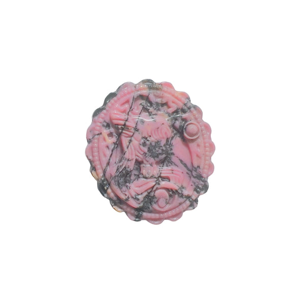 Natural pink rhodonite carved crystal with magical girl pattern and black dendrite inclusions