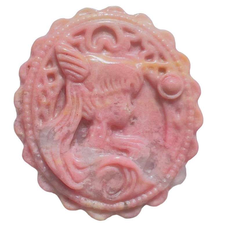 Full View of Pink Rhodonite Carved Healing Crystal Disk with Magical Pattern