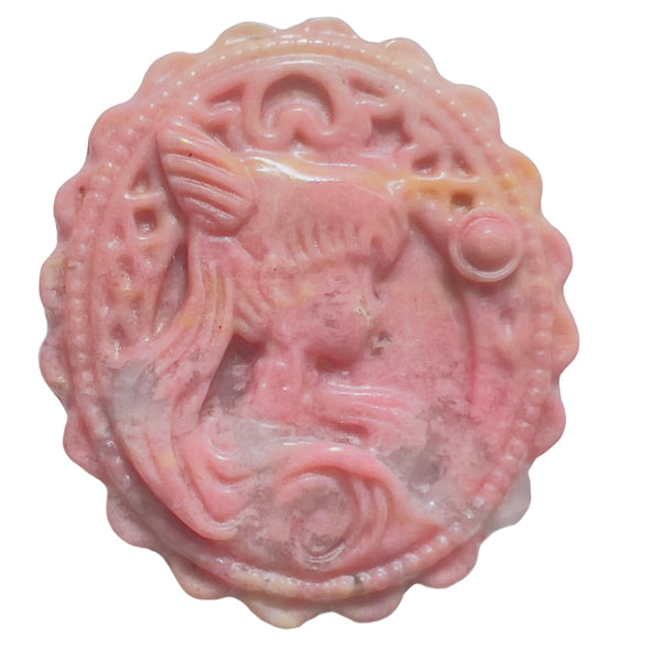 Full View of Pink Rhodonite Carved Healing Crystal Disk with Magical Pattern