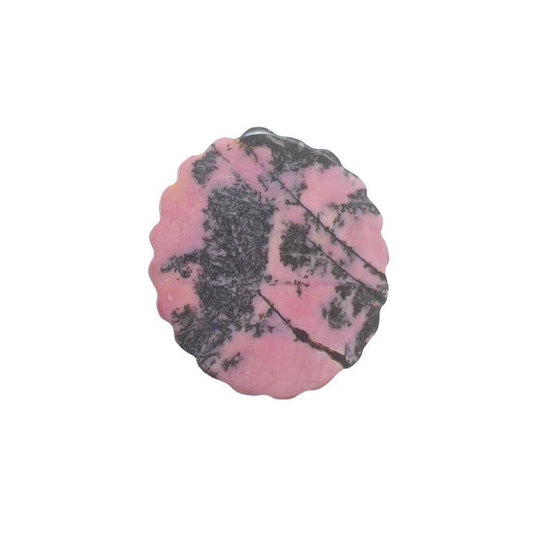Front view of carved pink rhodonite crystal with magical girl pattern