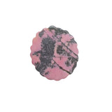 Front view of carved pink rhodonite crystal with magical girl pattern