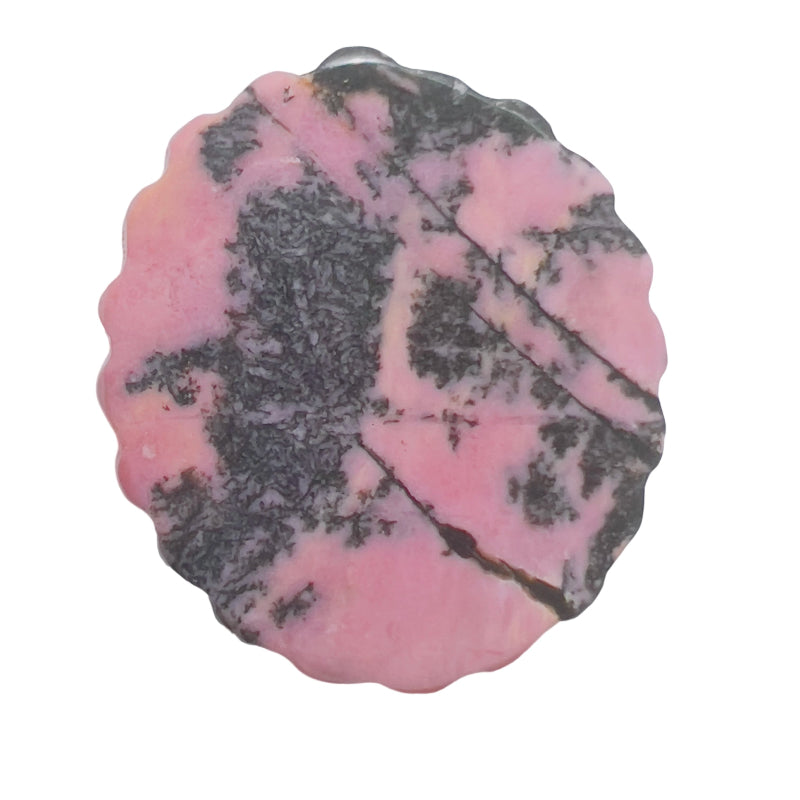 Natural pink rhodonite crystal showing detailed marbled texture with black dendrites