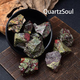 Premium Dragon Bloodstone raw crystal stones in black bowl showing size and natural formation patterns