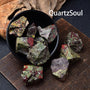 Premium Dragon Bloodstone raw crystal stones in black bowl showing size and natural formation patterns
