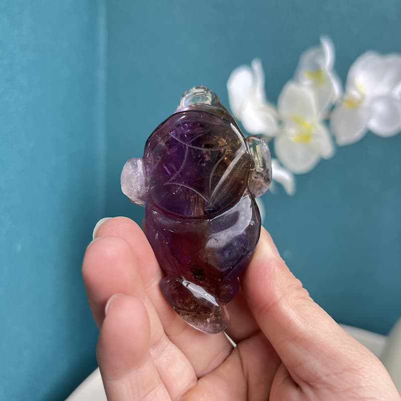 Prosperity Symbol Golden Toad Carved in Ametrine Crystal