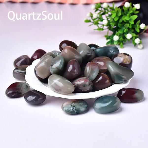 Natural Purple-Green Agate tumbled stones displayed in a white bowl, showing various sizes and patterns