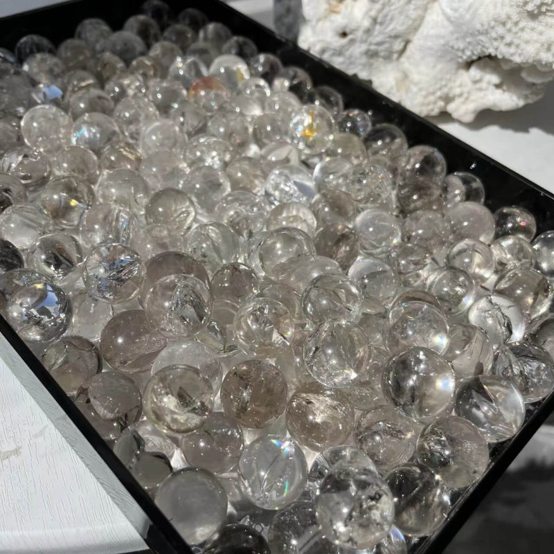 Clear quartz crystal spheres arranged in healing grid pattern