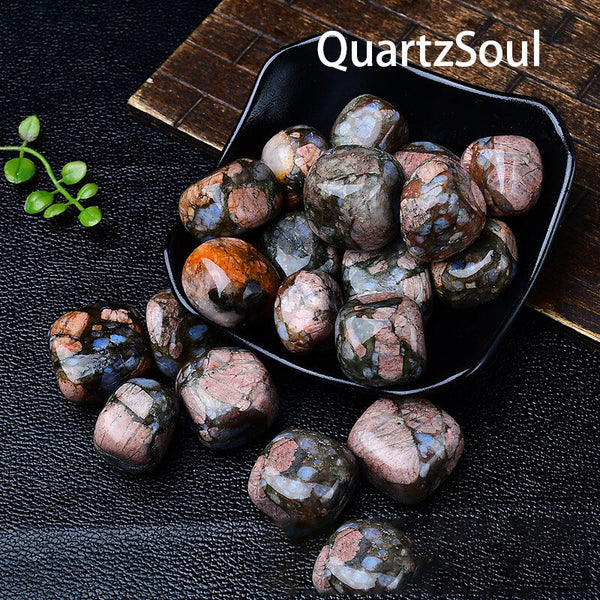 Rainbow Rhyolite Tumbled Healing Crystals in Black Display Bowl