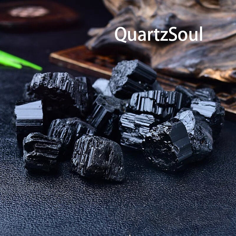 Natural raw black tourmaline crystal specimens with striated structure for protection