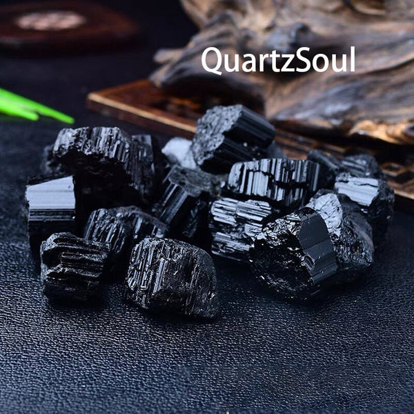 Natural raw black tourmaline crystal specimens with striated structure for protection