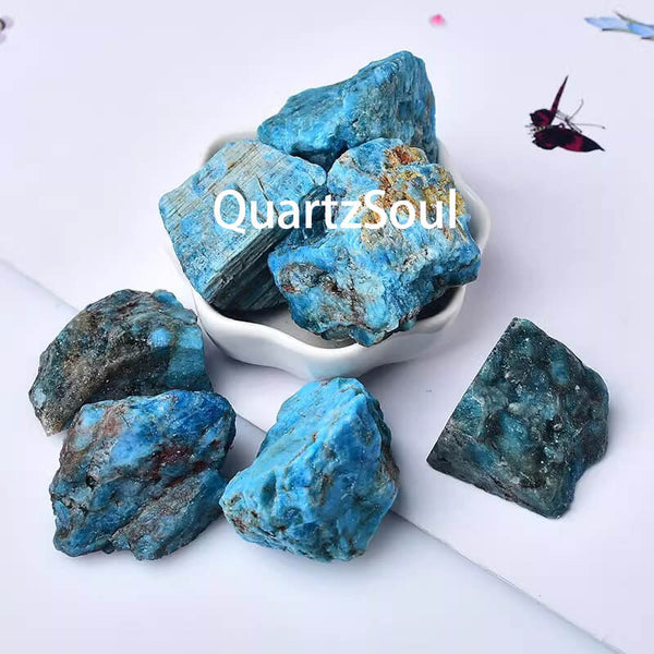 Raw Blue Apatite Crystals in Display Bowl Showing Size and Color Variation