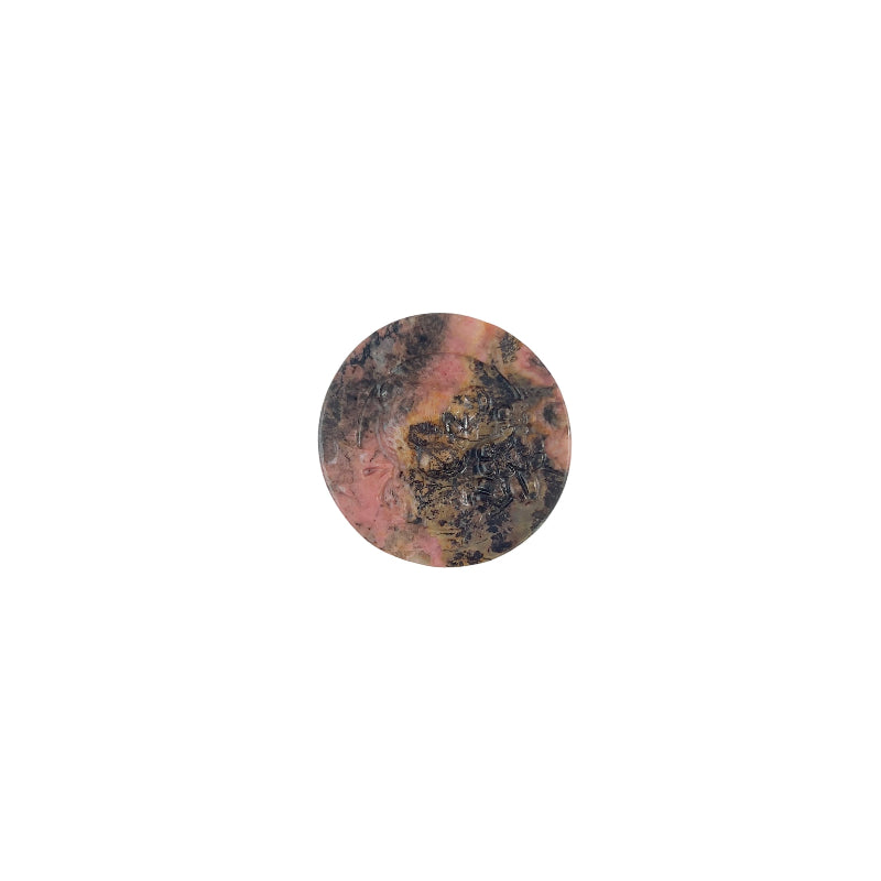 Close up of black veining pattern in rhodonite bear carving crystal