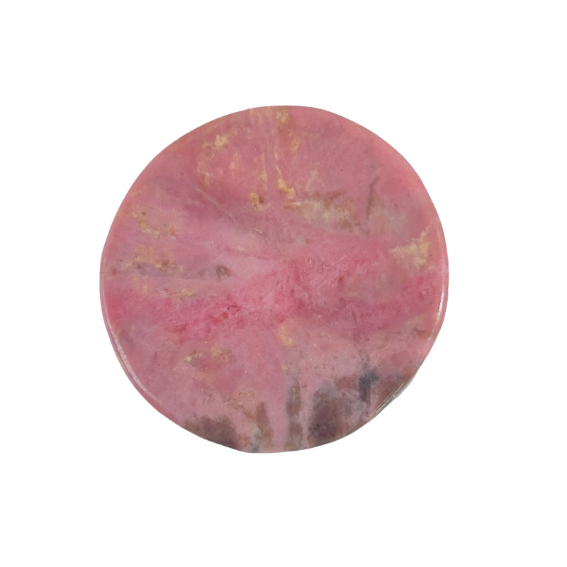 Side angle of rhodonite bear figurine displaying natural pink color and black inclusions