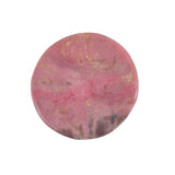 Side angle of rhodonite bear figurine displaying natural pink color and black inclusions
